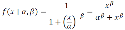 f(x∣α,β)=1/(1+(x/α)^(-β) )=x^β/(α^β+x^β )